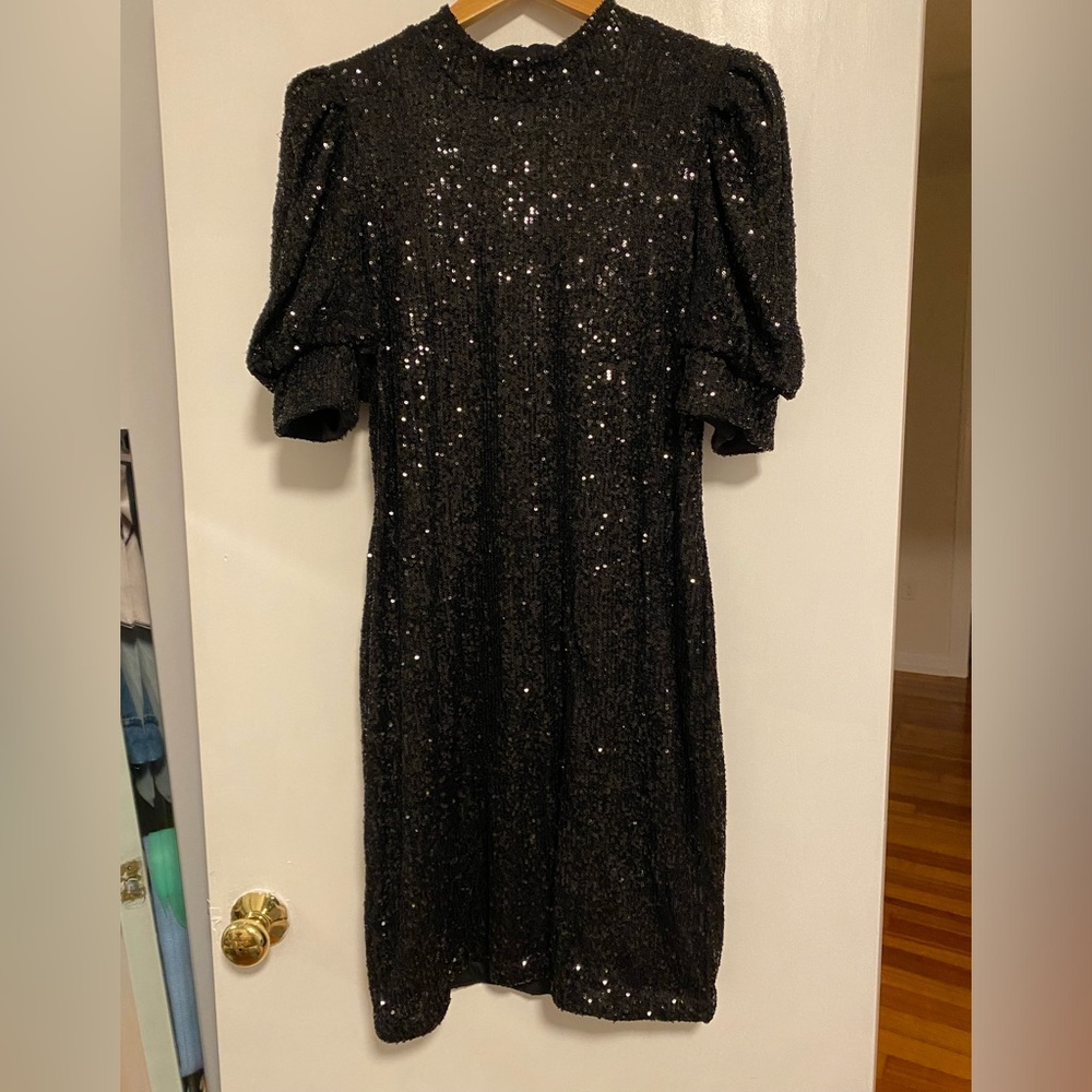 Joie Black Sequin Puff-Sleeve Cocktail Dress Size Large
